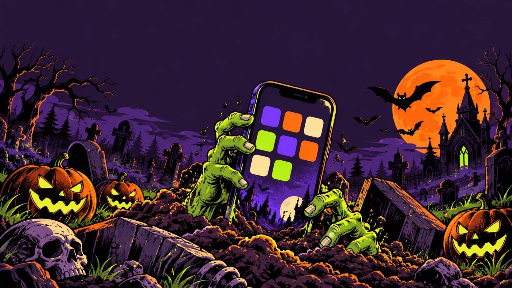 Cartel de Halloween: un iPhone sale de una tumba entre manos de zombi, calabazas y una luna llena naranja