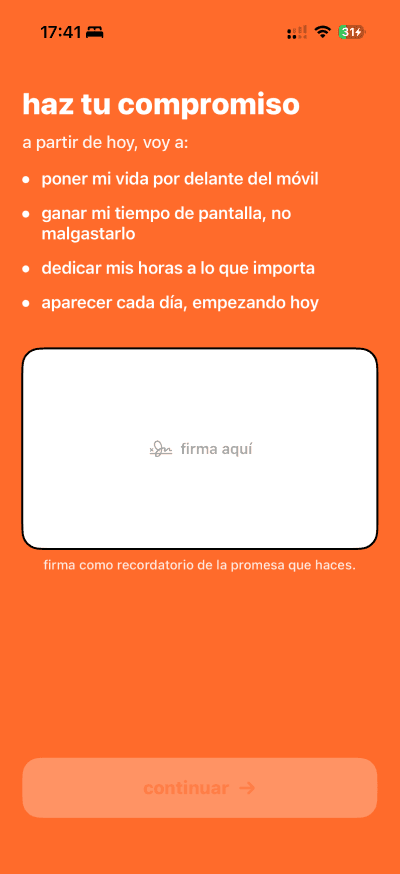 Onboarding — pantalla de compromiso
